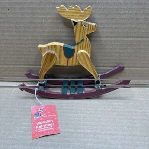 Vintage Big Lots Wooden Rocking Reindeer Christmas Decor Hand Painted w Tag